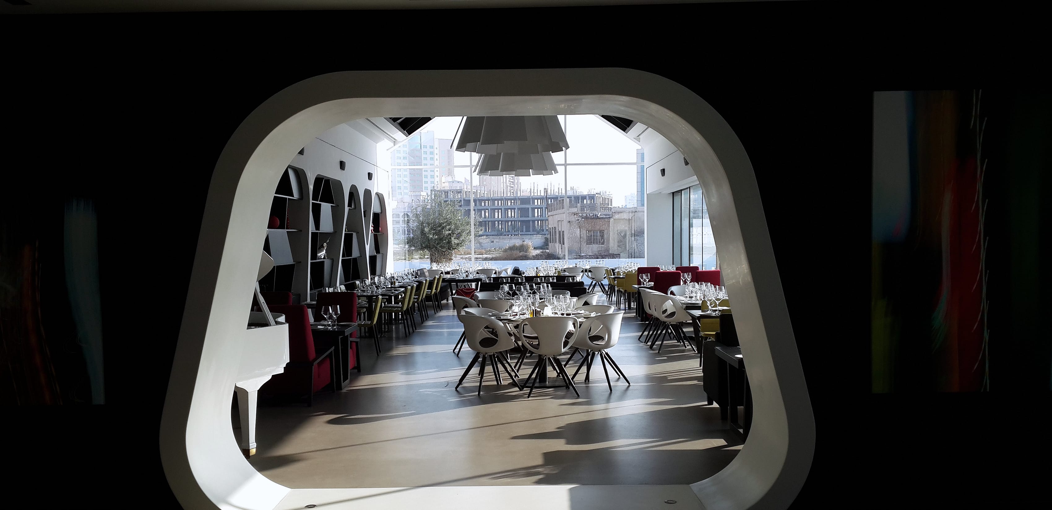 Sculptural shelving joinery in a completed restaurant